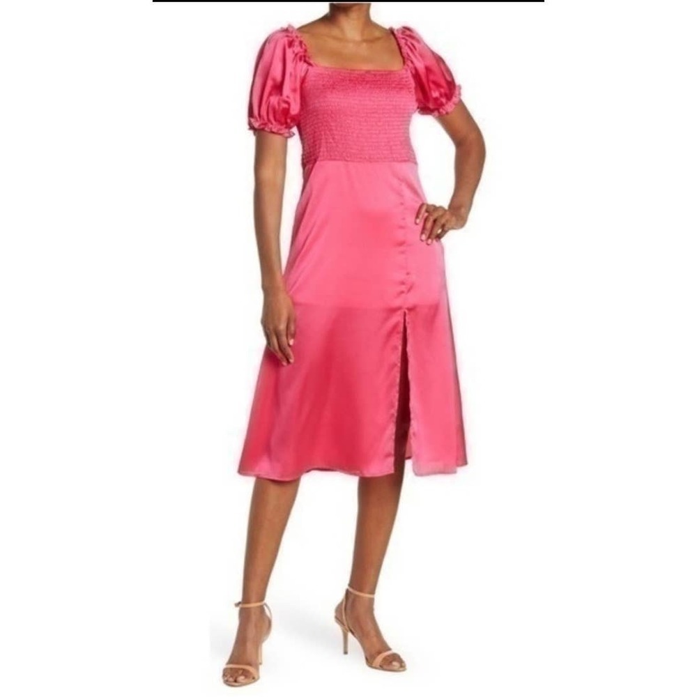 NSR Fuschia Satin Midi Dress Puff Sleeves Medium NWT
